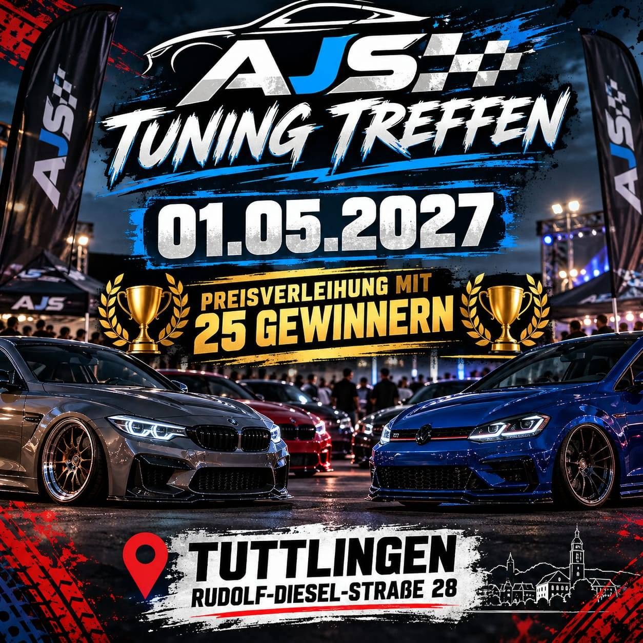 Plakat: AJS Tuning Treffen am 1. Mai 2027 in Tuttlingen mit 25 Gewinnern